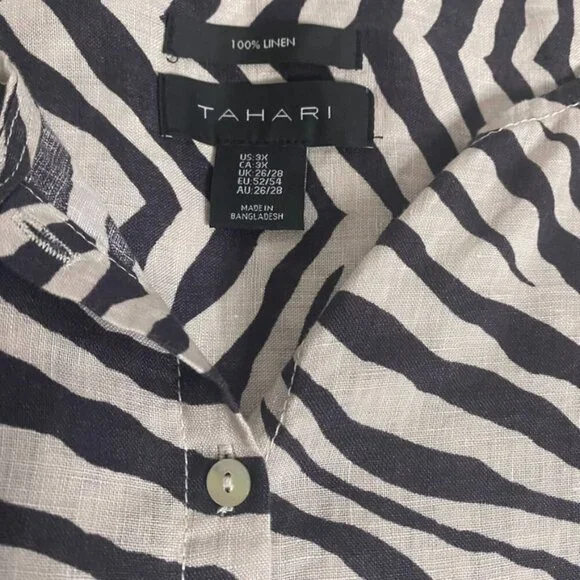 (2) Tahari linen tunic blouses 3X green brown stripe - Picture 4 of 12